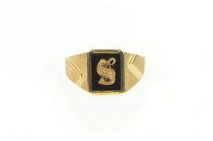 10K Black Onyx S Monogram Letter Name Initial Ring Yellow Gold