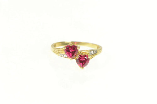 10K Heart Syn. Ruby Diamond Accent Bypass Ring Yellow Gold
