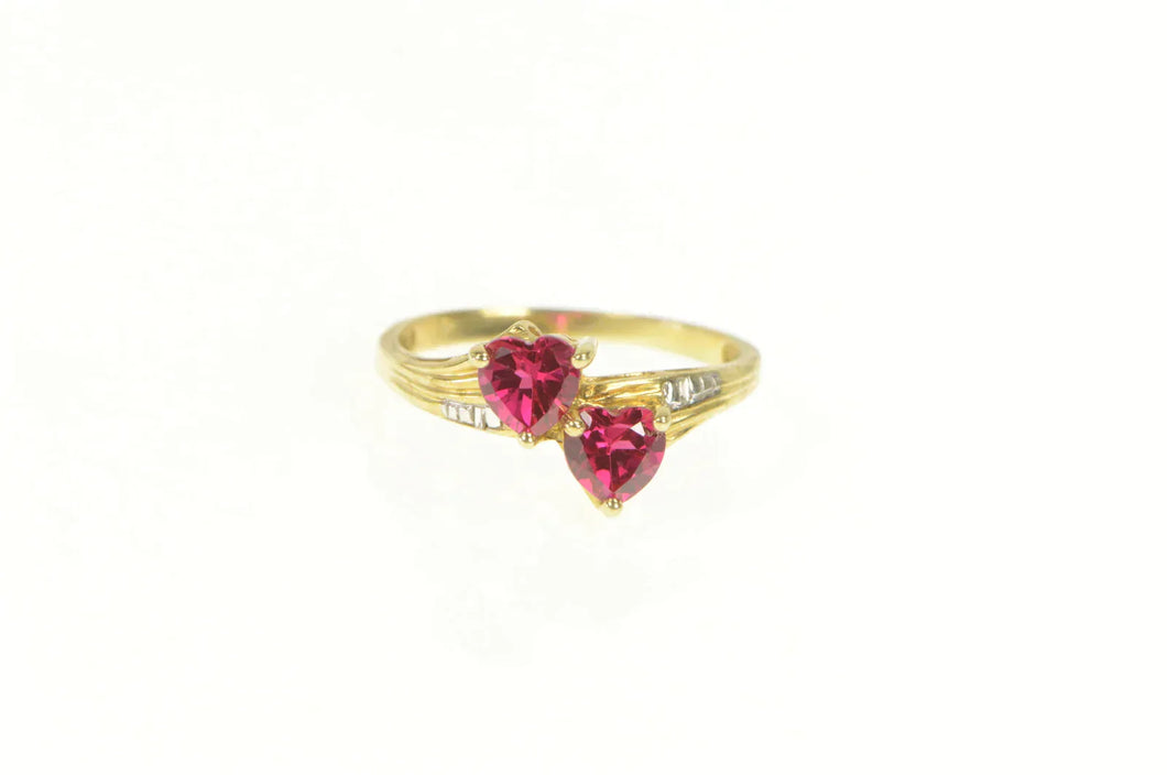 10K Heart Syn. Ruby Diamond Accent Bypass Ring Yellow Gold
