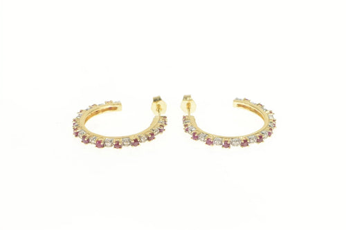 14K Ruby Diamond Encrusted 25.4mm Hoop Earrings Yellow Gold