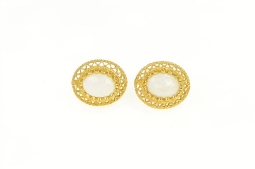 14K Oval Natural Opal Ornate Filigree Halo Stud Earrings Yellow Gold