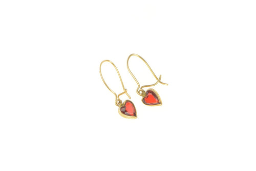 10K Victorian Heart Garnet Dangle Hook Earrings Yellow Gold