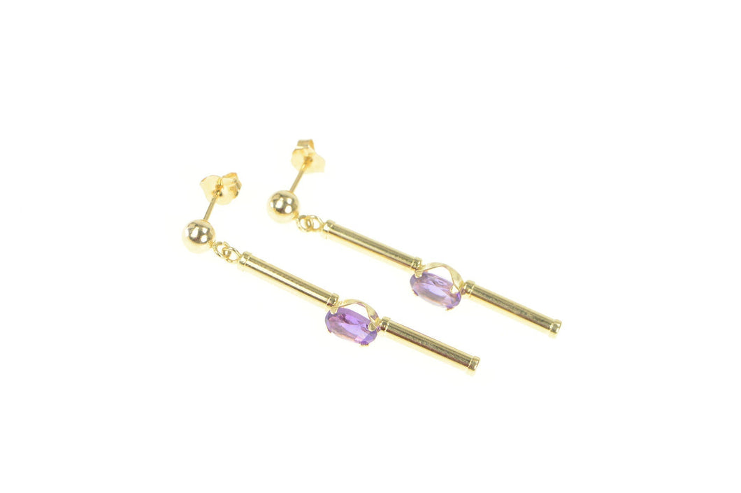 14K Oval Amethyst Inset Drop Bar Dangle Earrings Yellow Gold
