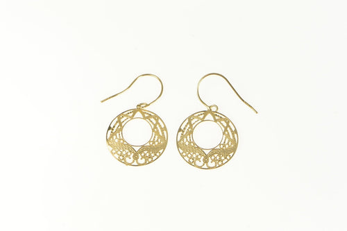 14K Ornate Filigree Round Dangle Statement Earrings Yellow Gold