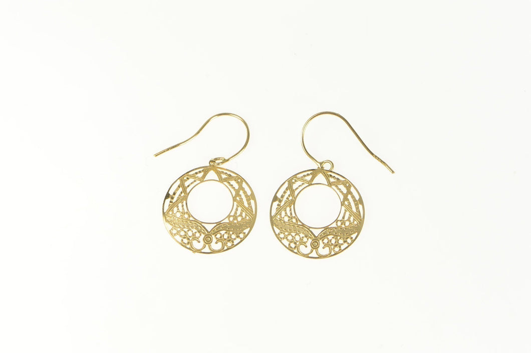 14K Ornate Filigree Round Dangle Statement Earrings Yellow Gold