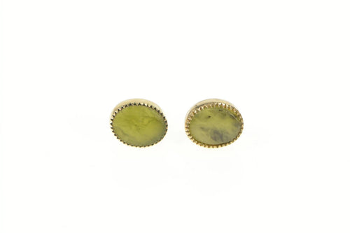 14K Oval Nephrite Inset Classic Vintage Stud Earrings Yellow Gold