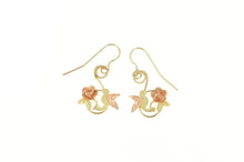 Load image into Gallery viewer, 10K Black Hills Rose Flower Hummingbird Dangle Earrings Yellow Gold