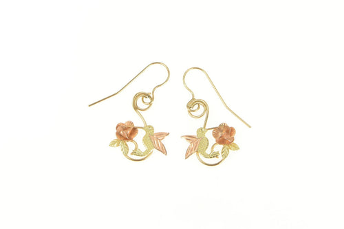 10K Black Hills Rose Flower Hummingbird Dangle Earrings Yellow Gold