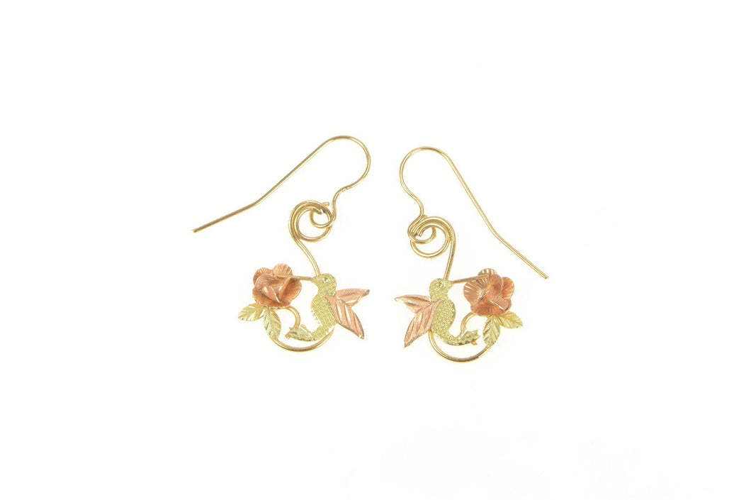 10K Black Hills Rose Flower Hummingbird Dangle Earrings Yellow Gold