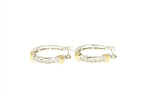 14K Ctw Diamond Inset Two Tone Oval Hoop Earrings White Gold