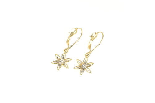 14K Two Tone Daisy Flower Dangle Lever Back Earrings Yellow Gold