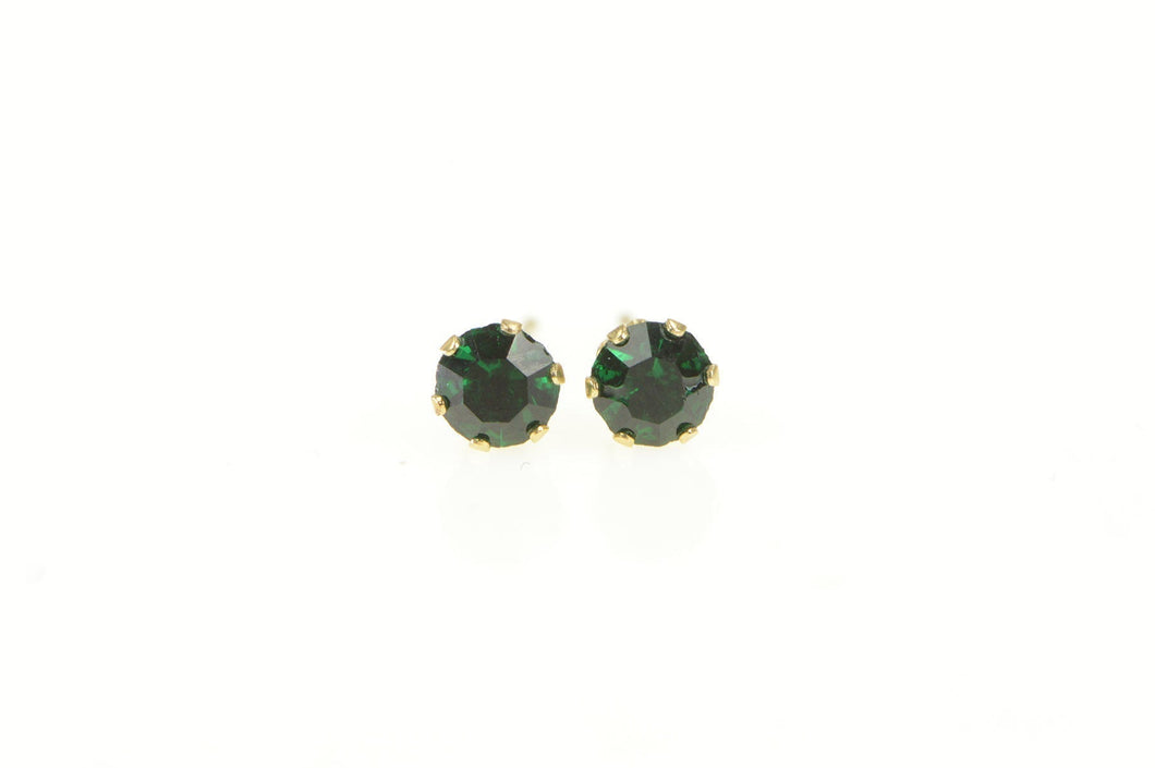 14K Retro Round Sim. Emerald Solitaire Stud Earrings Yellow Gold