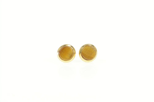 14K Vintage Round Tiger's Eye Retro Stud Earrings Yellow Gold