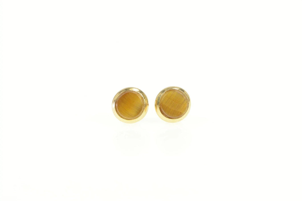 14K Vintage Round Tiger's Eye Retro Stud Earrings Yellow Gold