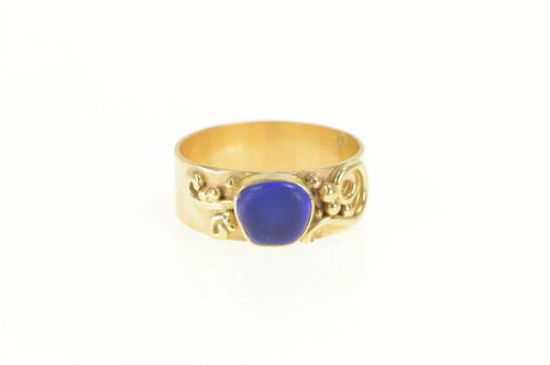 14K Blue Sea Glass Scroll Dot Wide Handmade Ring Yellow Gold