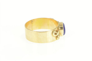 14K Blue Sea Glass Scroll Dot Wide Handmade Ring Yellow Gold