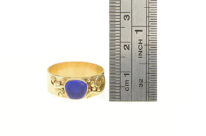 14K Blue Sea Glass Scroll Dot Wide Handmade Ring Yellow Gold