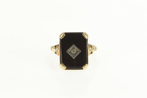 10K Art Deco Black Onyx Diamond Accent Ring Yellow Gold