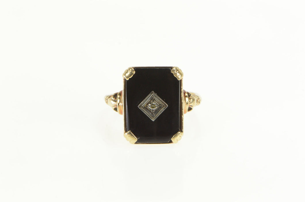10K Art Deco Black Onyx Diamond Accent Ring Yellow Gold