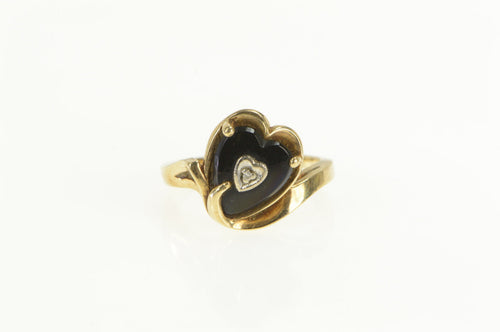 10K Art Deco Black Onyx Heart Diamond Bypass Ring Yellow Gold