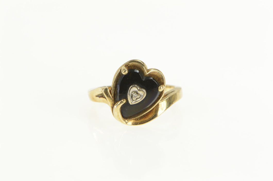10K Art Deco Black Onyx Heart Diamond Bypass Ring Yellow Gold