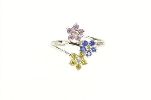 10K Pink Blue & Yellow Sapphire Diamond Flower Ring White Gold