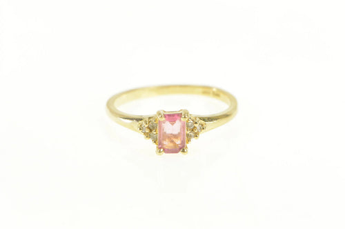 14K Emerald Cut Pink Topaz Diamond Accent Ring Yellow Gold
