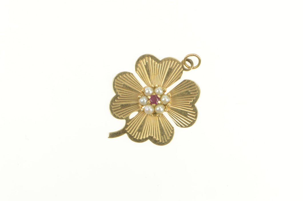 14K 1960's Pearl Ruby Clover Shamrock Lucky Charm/Pendant Yellow Gold