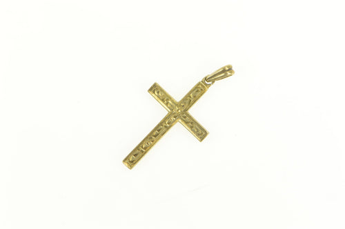 14K 1930's Art Deco Scroll Engraved Cross Faith Pendant Yellow Gold