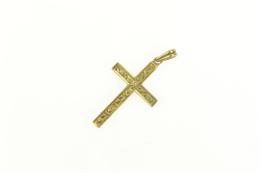 14K 1930's Art Deco Scroll Engraved Cross Faith Pendant Yellow Gold