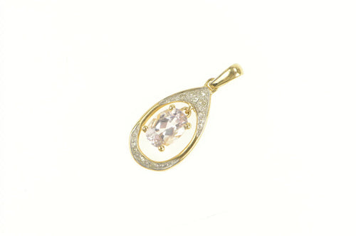 14K Oval Pink Topaz Diamond Dangle Statement Pendant Yellow Gold