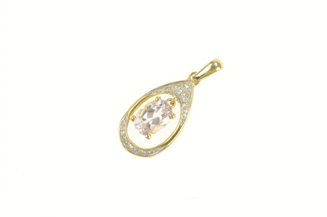 14K Oval Pink Topaz Diamond Dangle Statement Pendant Yellow Gold