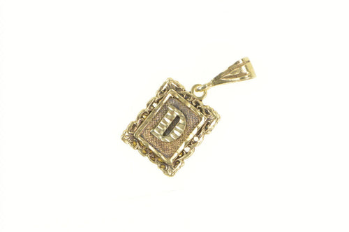 14K D Ornate Monogram Square Initial Letter Pendant Yellow Gold