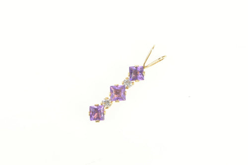 10K Princess Amethyst Diamond Accent Bar Pendant Yellow Gold