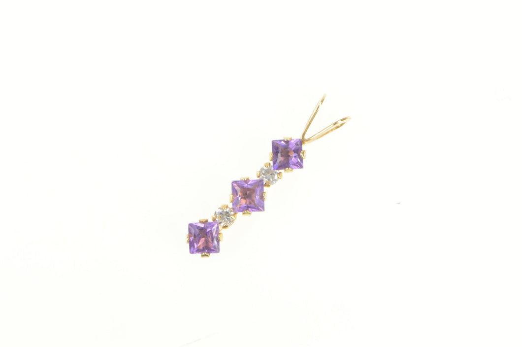 10K Princess Amethyst Diamond Accent Bar Pendant Yellow Gold