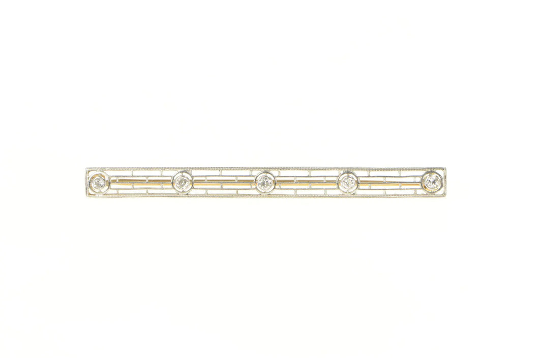 14K Squared Art Deco Filigree Diamond Bar Pin/Brooch Yellow Gold