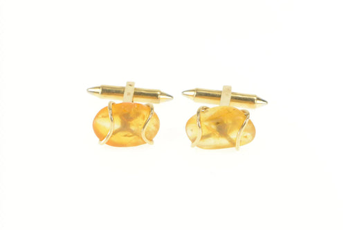 18K Raw Amber Cabochon Vintage Men's Cuff Links Yellow Gold