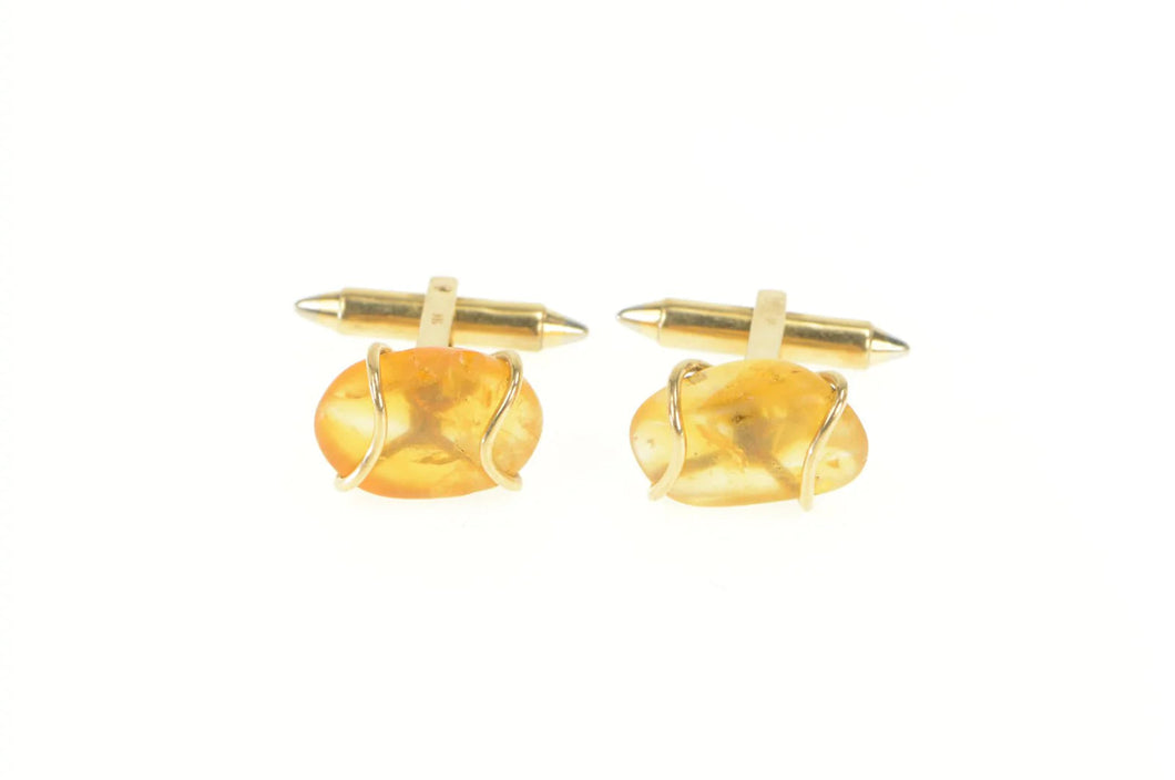18K Raw Amber Cabochon Vintage Men's Cuff Links Yellow Gold