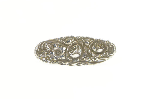 Sterling Silver S Kirk & Son Repousse Floral Oval Bar Pin/Brooch