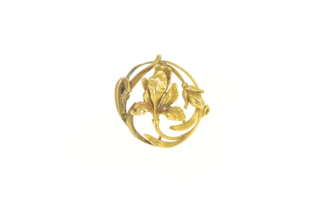 14K Art Nouveau Ornate Orchid Flower Swirl Pin/Brooch Yellow Gold