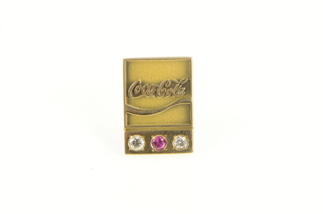 10K Coca Cola Ruby Diamond Square Service Lapel Pin/Brooch Yellow Gold