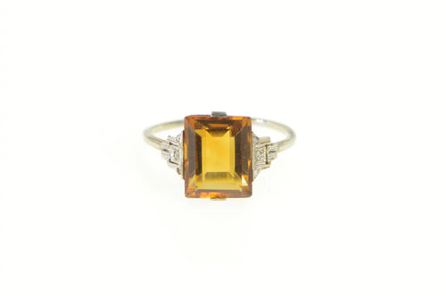 14K Art Deco Emerald Cut Syn. Citrine Diamond Ring White Gold