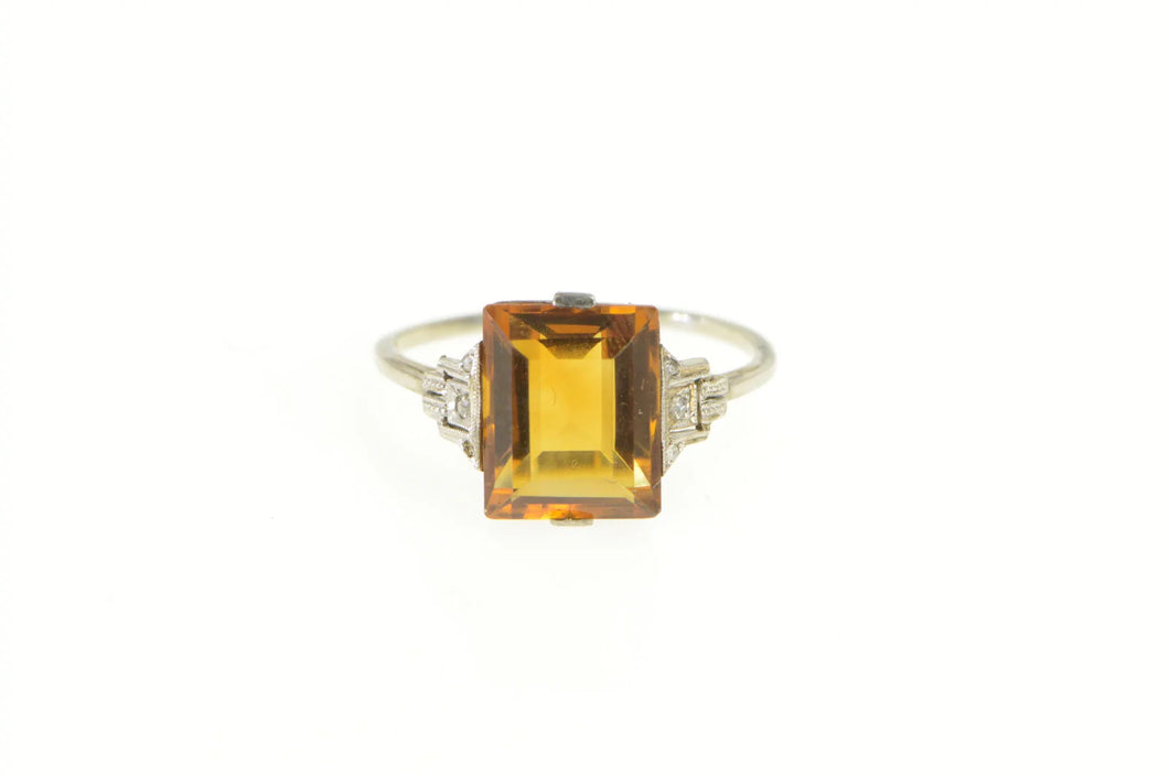 14K Art Deco Emerald Cut Syn. Citrine Diamond Ring White Gold