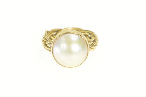 14K Mabe Pearl 12.8mm Braid Woven Band Ring Yellow Gold
