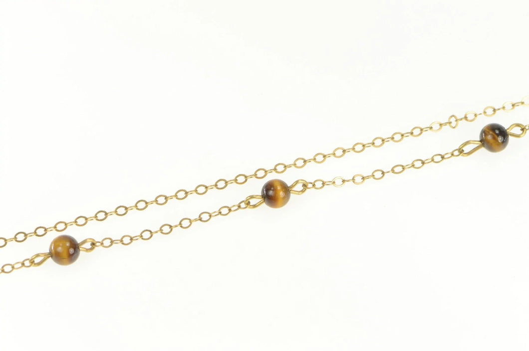 Gold Filled 1.5mm Tiger's Eye Beaded Retro Chain Link Necklace 15