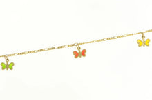 Load image into Gallery viewer, 14K Enamel Butterfly Figaro Chain Fringe Anklet Bracelet 9&quot; Yellow Gold