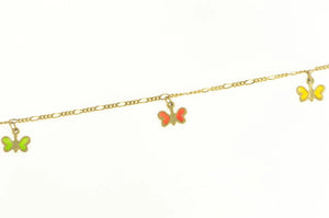 14K Enamel Butterfly Figaro Chain Fringe Anklet Bracelet 9" Yellow Gold
