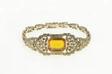 Load image into Gallery viewer, Sterling Silver Emerald Citrine Marcasite Elaborate Scrollwork Bracelet 7&quot;