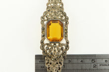 Load image into Gallery viewer, Sterling Silver Emerald Citrine Marcasite Elaborate Scrollwork Bracelet 7&quot;