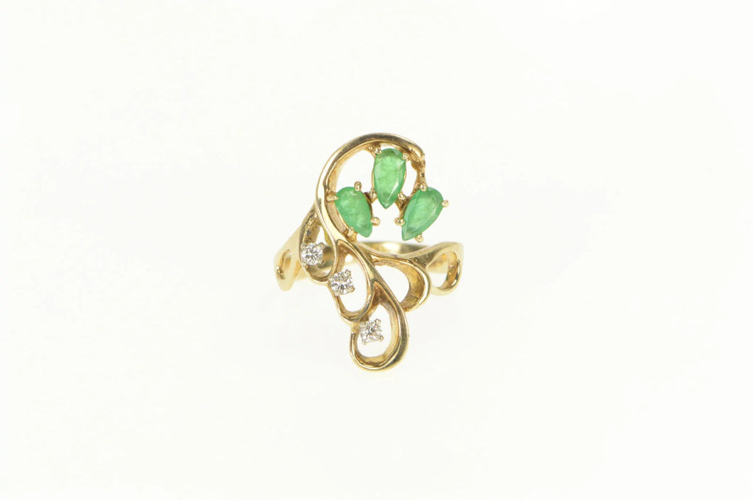 14K Natural Emerald Diamond Vintage Swirl Cluster Ring Yellow Gold
